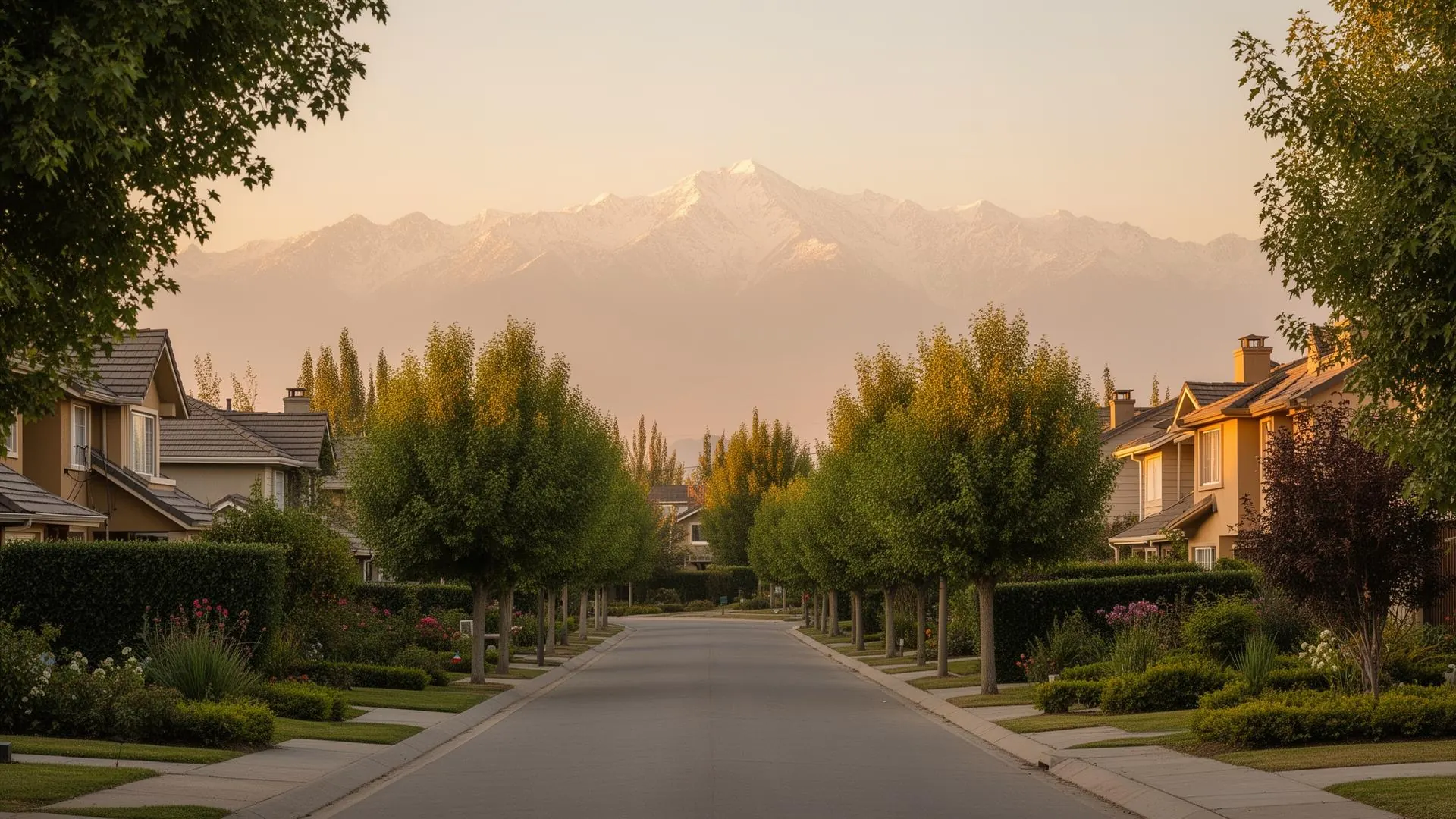 Barrio residencial en La Florida con la cordillera de los Andes al atardecer